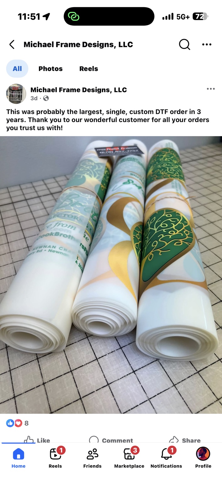 A large custom DTF transfer order prepared at Michael Frame Designs
