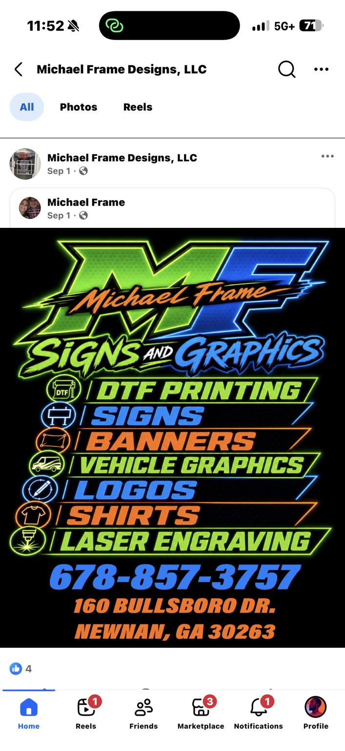Michael Frame Designs service graphic for signs, banners, graphics, shirts, and engraving