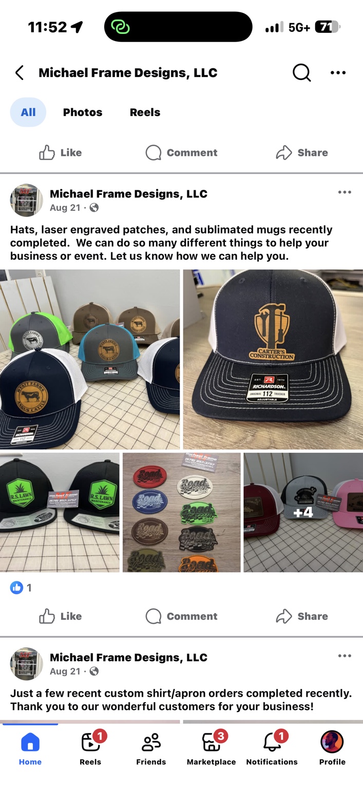 Custom hats and engraved logo patches made by Michael Frame Designs