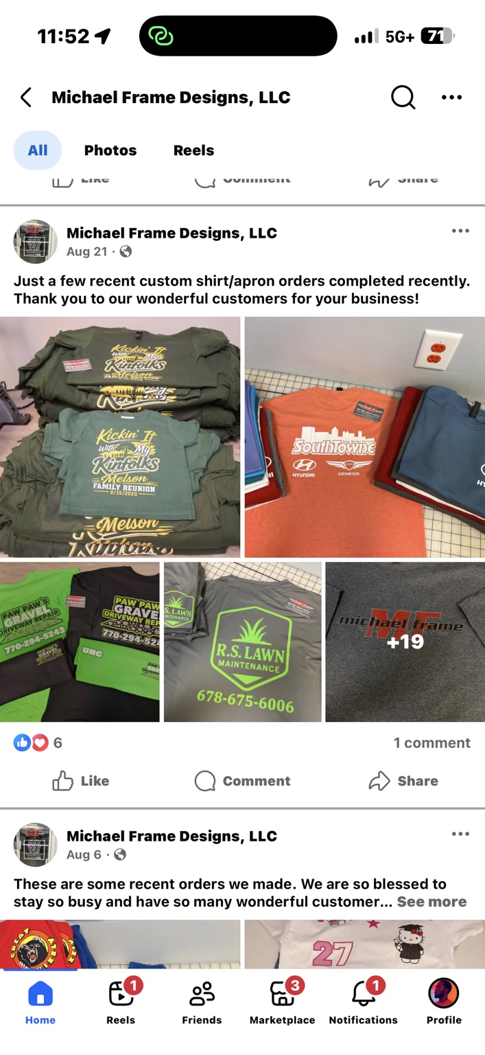 Stacks of custom printed shirts completed by Michael Frame Designs